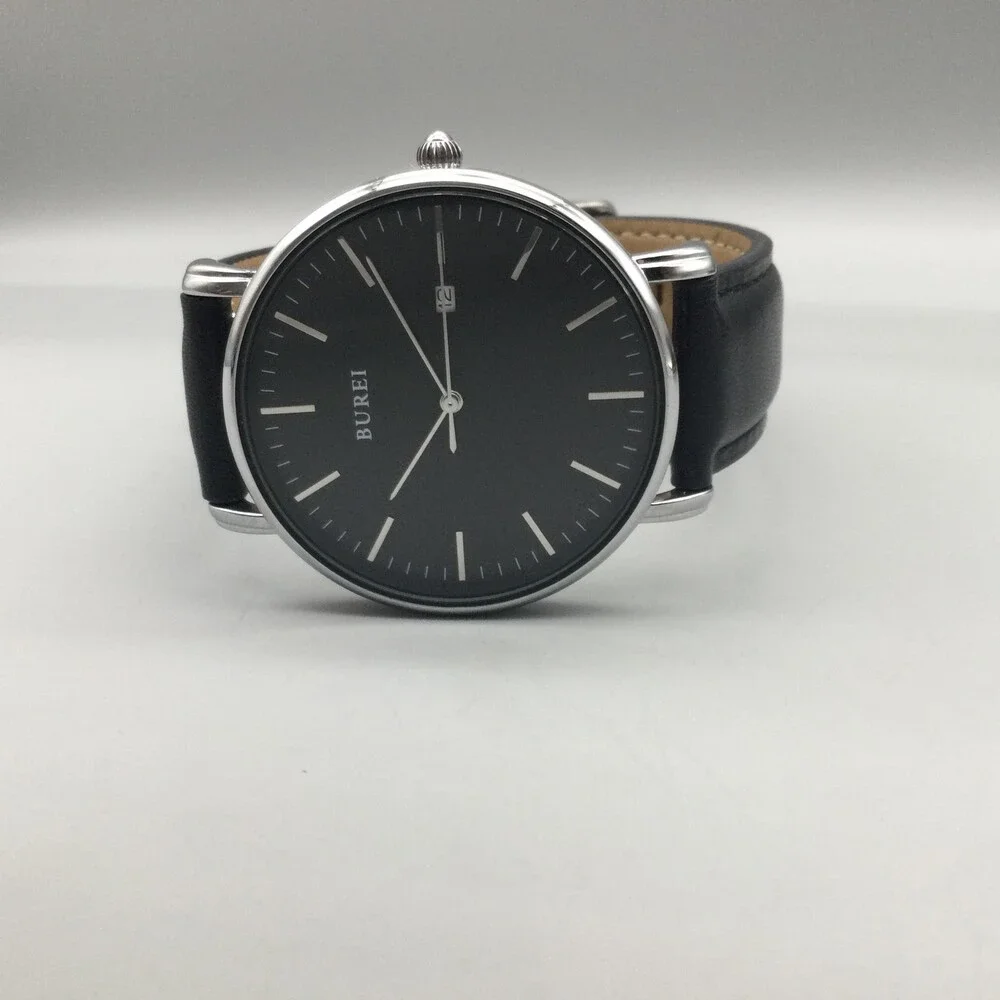 Burei S-19006M Mens Watch 41mm Black Dial Black Leather Date Dress New Battery